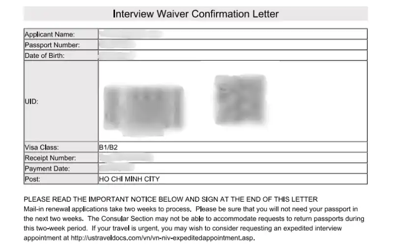"Thư xác nhận miễn phỏng vấn (Interview Waiver Confirmation Letter)".
