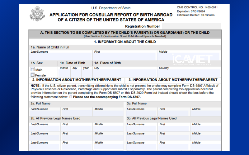 Form DS-2029 dùng để xin Giấy báo sinh lãnh sự