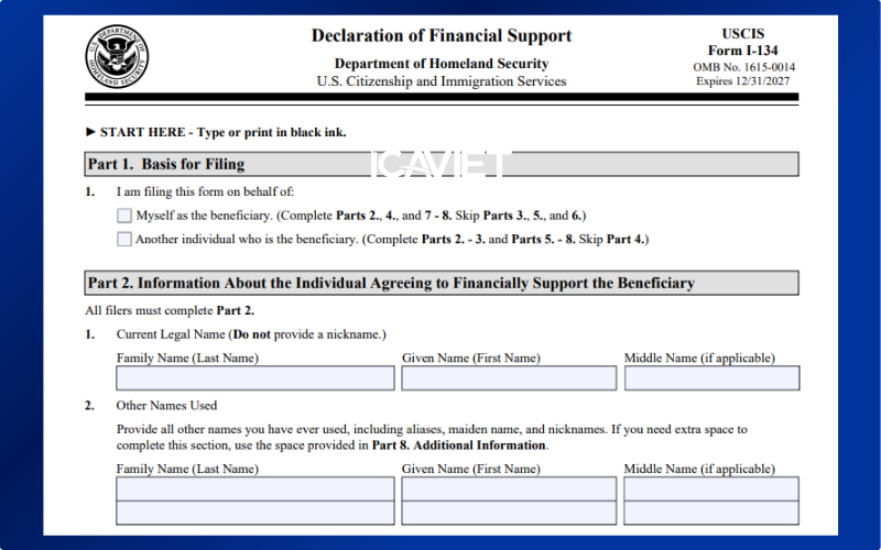 Form I-134 là đơn cam kết hỗ trợ tài chính ngắn hạn