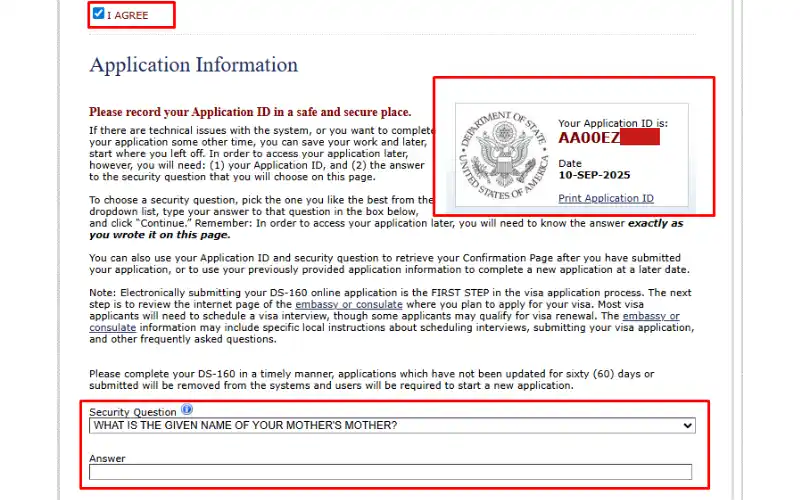 Ghi lại Application ID và đặt câu hỏi bảo mật